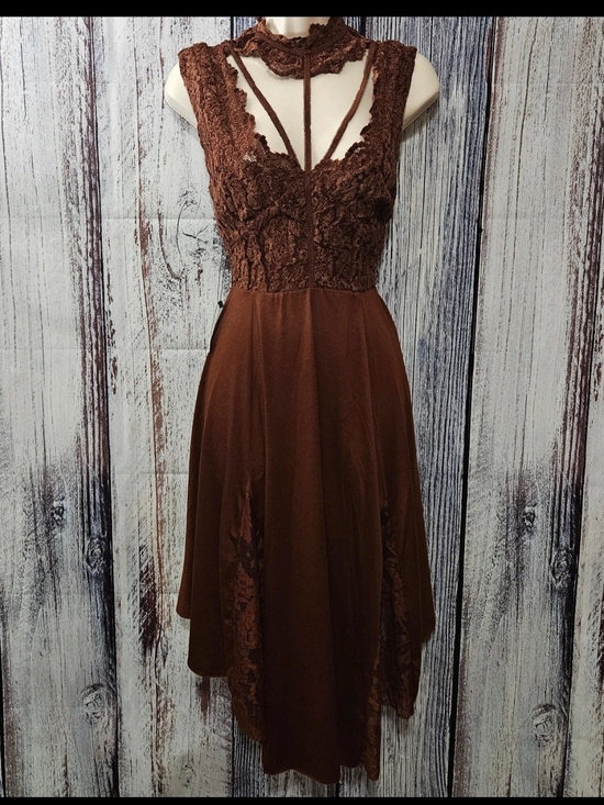 Joyfolie Dresses & Skirts - Joyfolie Brown Lace Midi Dress with Strappy Choker Detail